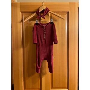 Posh Peanut Baby Waffle Knit Henley Jumpsuit +‎ Matching Bow Headband 3-6M